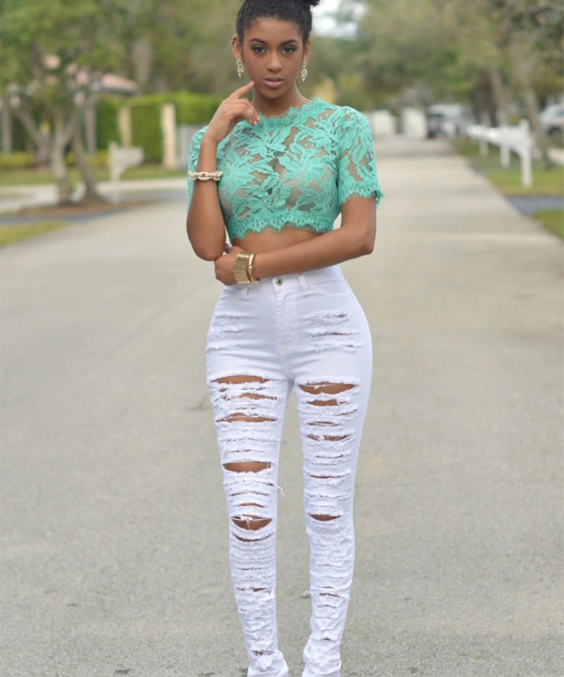 HOLE,  ladies 2025 High Waist Ripped Jeans for female, Skinny Black Pockets Jeans Elastic Slim Jean Female Femme Pants