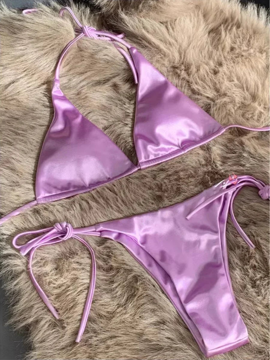 Halter Brazilian Metallic Satin Bikini  Swimwear, Swimsuit Two-pieces Bikini Set High Cut Bathing Suit Swim Beachwear
