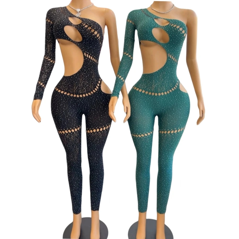 HLJ&GG Sexy Rhinestone Hollow Bodycon One Piece Jumpsuits Women One Shoulder Long Sleeve Slim Playsuit Fashion Clubwear Overalls