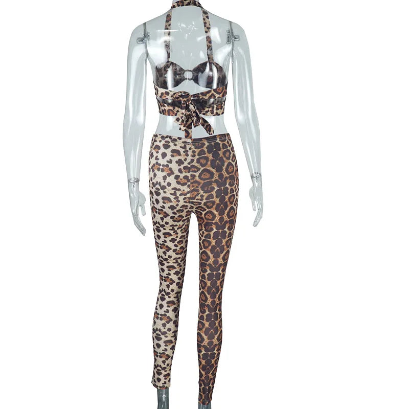Weird Puss Leopard Print 2 Piece Set Women Halter Bandage Backless Crop Tops+Skinny Peach Hip Pants Wild Trend Streetwear Suits