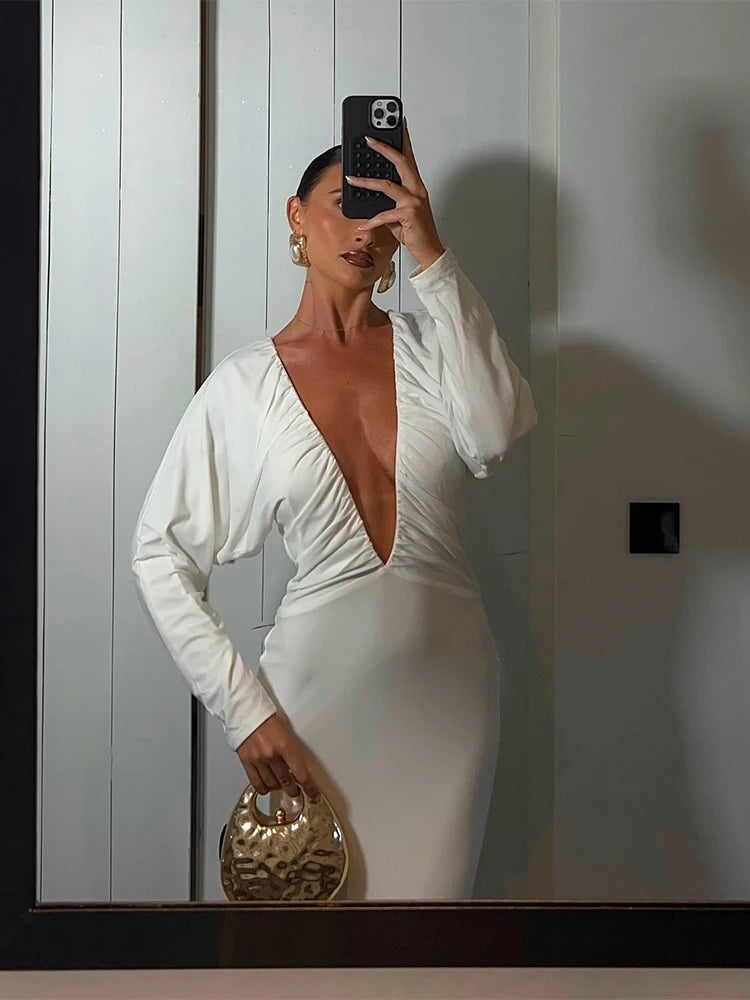 Weird Puss Deep V-Neck Maxi Dress Women Y2K Elastic Long Sleeve Elegant Ruched Stretchy Skinny Cocktail Birthday Party Vestidos