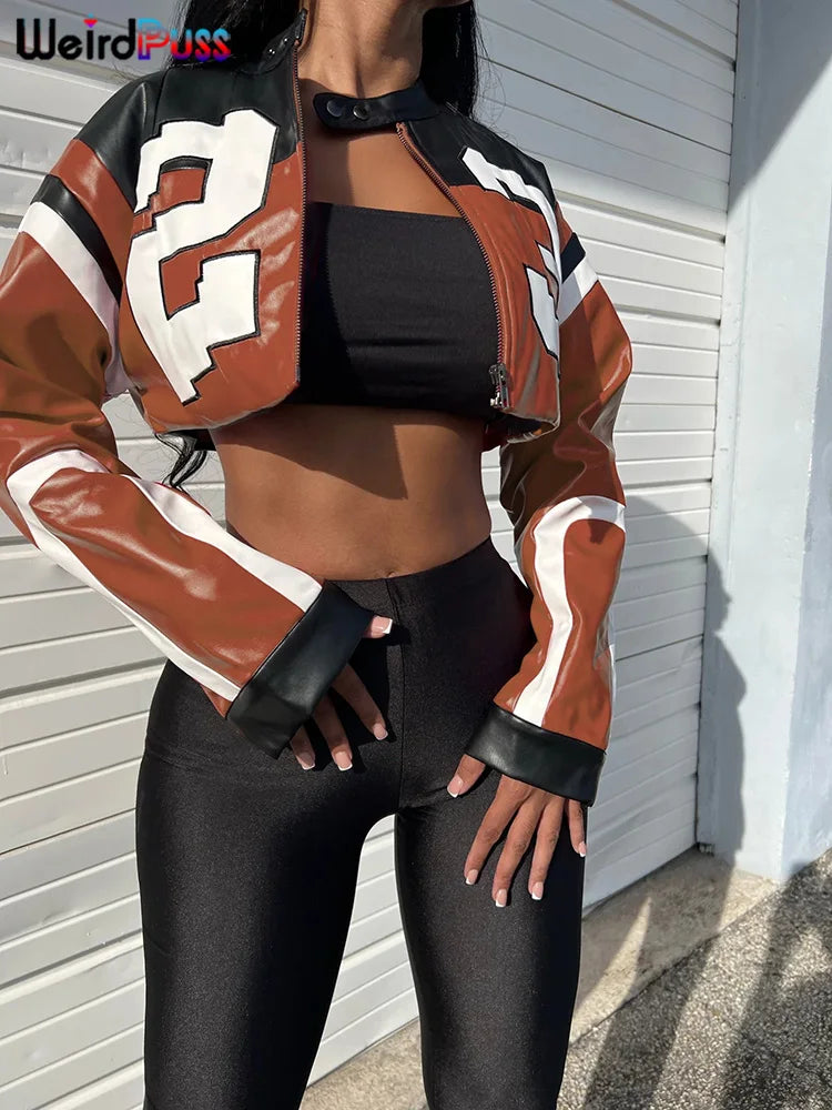 Weird Puss Faux Leather Women Jacket Hipster Letter Print Autumn Trend Casual Sporty Wild Streetwear Uniform Varsity Crop Coat