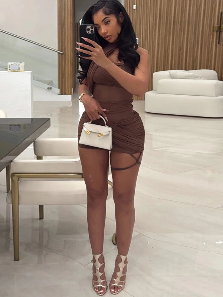Weird Puss See Through Sexy Dress Women Y2K Cross Bandage Backless Halter Sleeveless Summer Trend Midnight Clubwear Mini Bodycon
