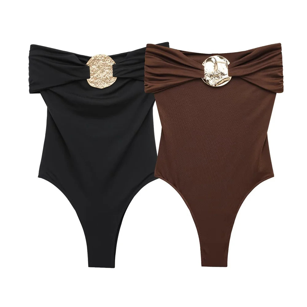 PB&ZA 2025 Women Off Shoulder whole Swimsuit with Decorative Buckle Stylish Black and Brown Design