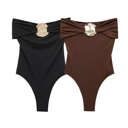 PB&ZA 2025 Women Off Shoulder whole Swimsuit with Decorative Buckle Stylish Black and Brown Design