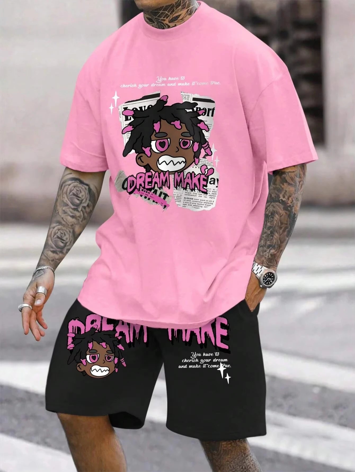 Men's round neck casual summer T-shirt, printed with cartoon characters and letter patterns, lightweight and breathable short sl