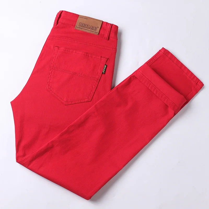 White Yellow Pink fashion 5 Color Men's Cotton Casual Pants Jeans Slim Straight Solid Color Business Trousers Four Seasons Brand