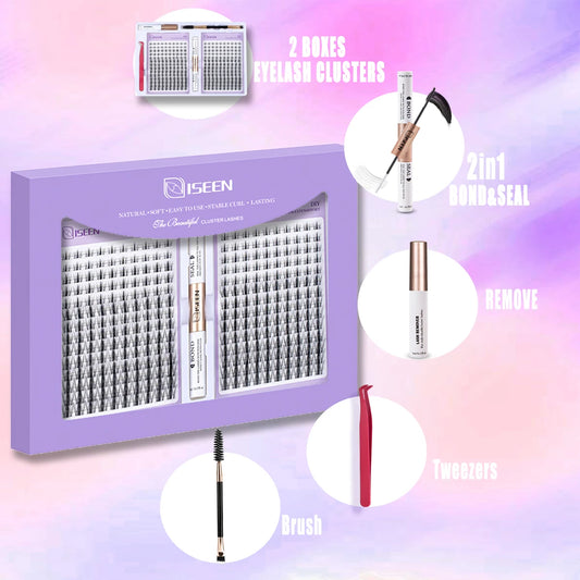 ISEEN DIY Eyelash Extension Kit Cluster Mix Eyelashes Full  Lashes Kit with Lash Bond & Seal and Eyelash Tweezers and Brush
