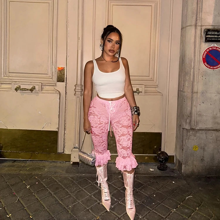 Lace Knee Length Pants, Summer Women Midi Waist Hollow Out Sexy Club Party See Through Leggings Pants