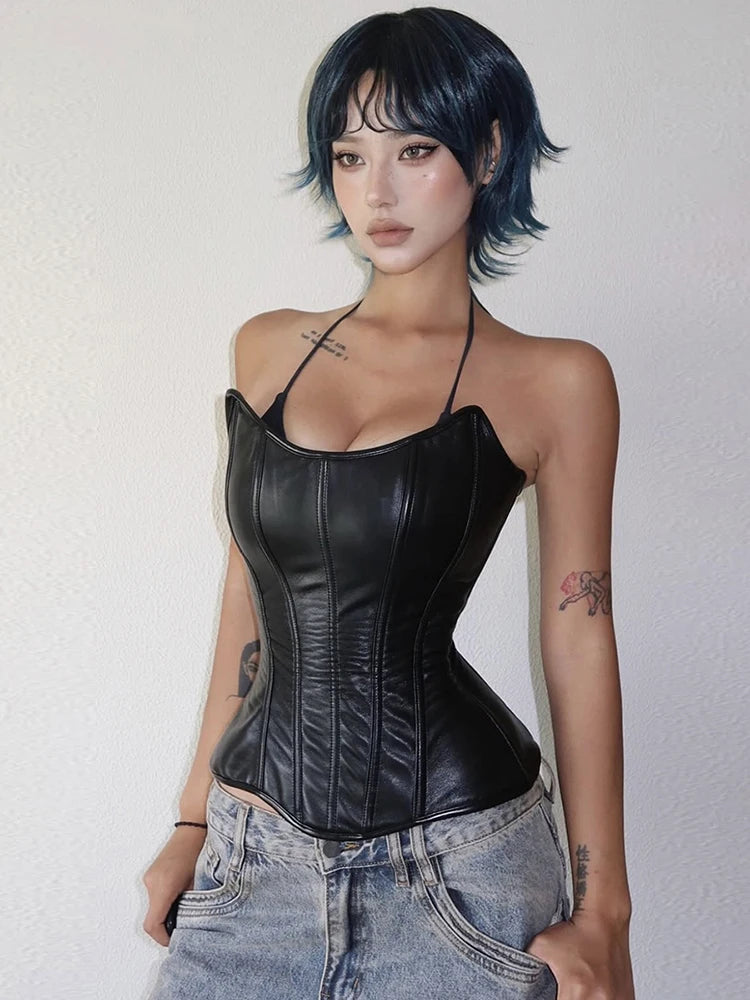 Weird Puss Sexy Faux Leather Tank Top Women Fashion Casual Sleeveless Patchwork Irregular Hem Coquette Midnight Party Club Vest