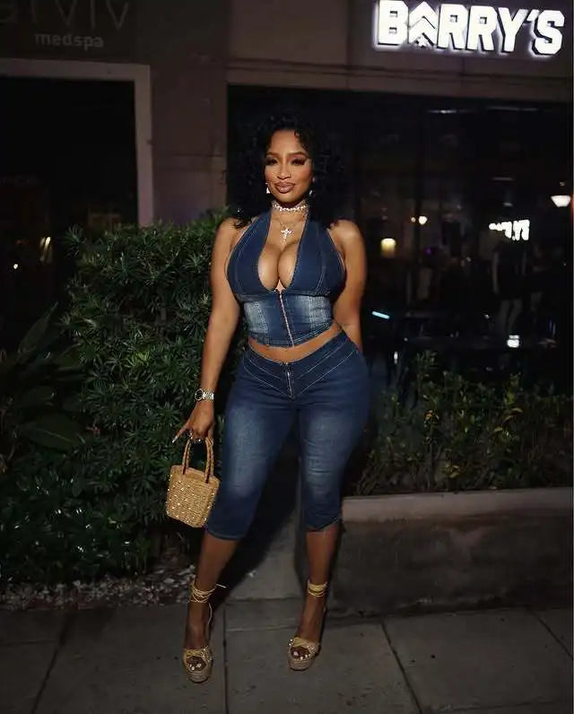 Blue Fashion jeans Halter Two Piece Sets Women Sleeveless, Backless Slim Crop Top And Skinny Jean Pants Outfits Streetwear