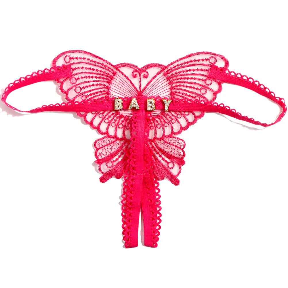 Sexy Butterfly Lace Panties Custom Name Crystal Letter Underwear Thong Transparent Lingerie Personality Girls Intimates Gift