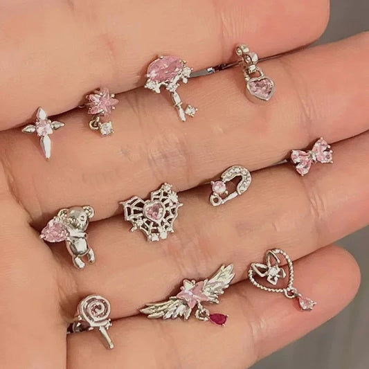 1PCS Cute Pink Zircon 316L Stainless Steel Ear Bone Nail New Fashion Y2K Punk Small Earring for Women Cochlea Jewelry Party Gift