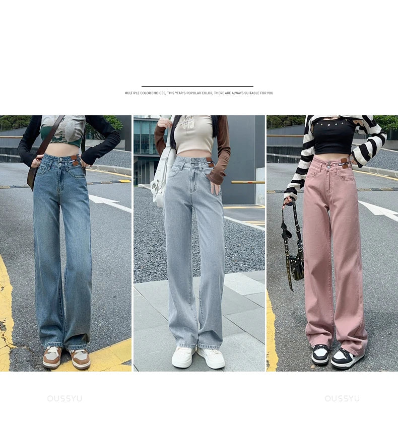 OUSSYU Woman Jeans High Waist Straight Wide Leg Cotton  Clothing Blue Streetwear Vintage Fashion Harajuku Women Trousers
