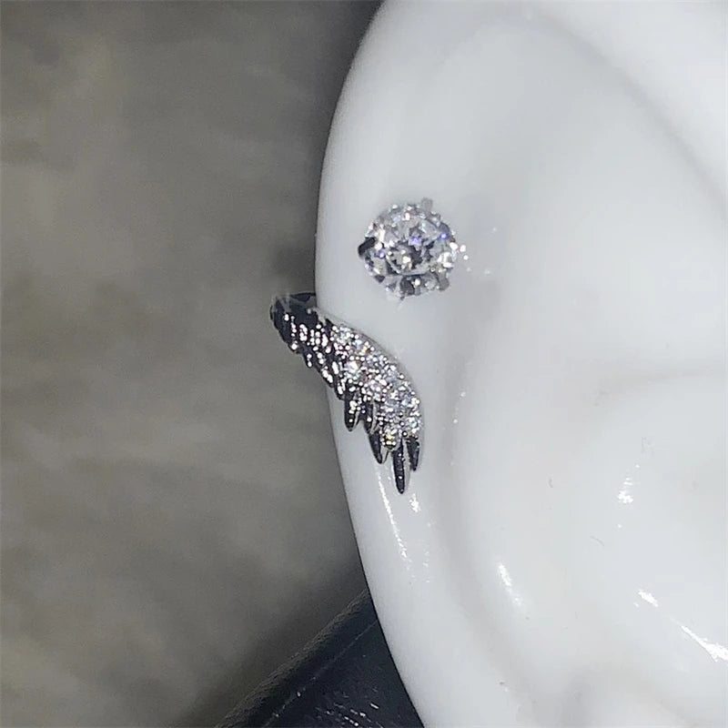 1pcs Silver Color Wing 316L Stainless Steel Ear Bone Nail for Women New Fashion Full of Rhinestone Earrings Accessories for Ear