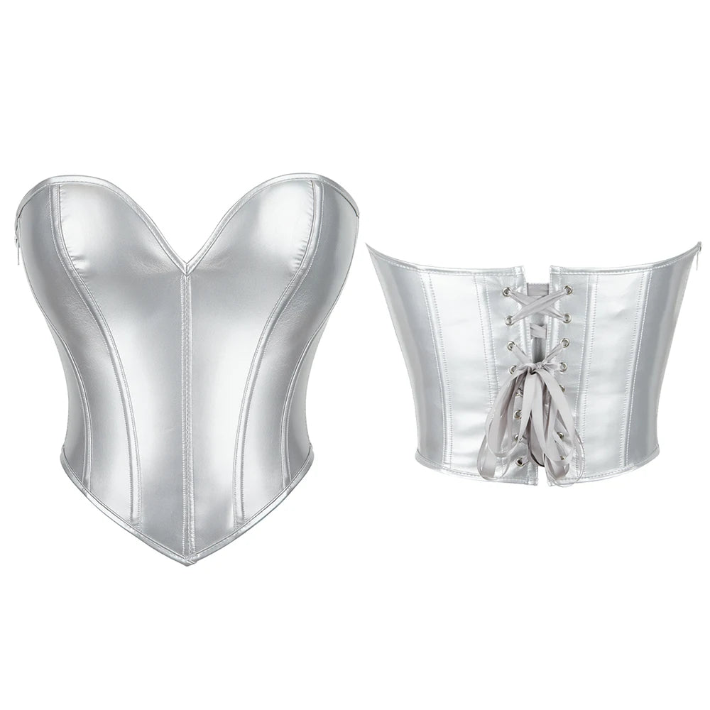 Women Short Bandeau Corset Silver Strapless Bustier Crop Tube Top Summer Streetwear