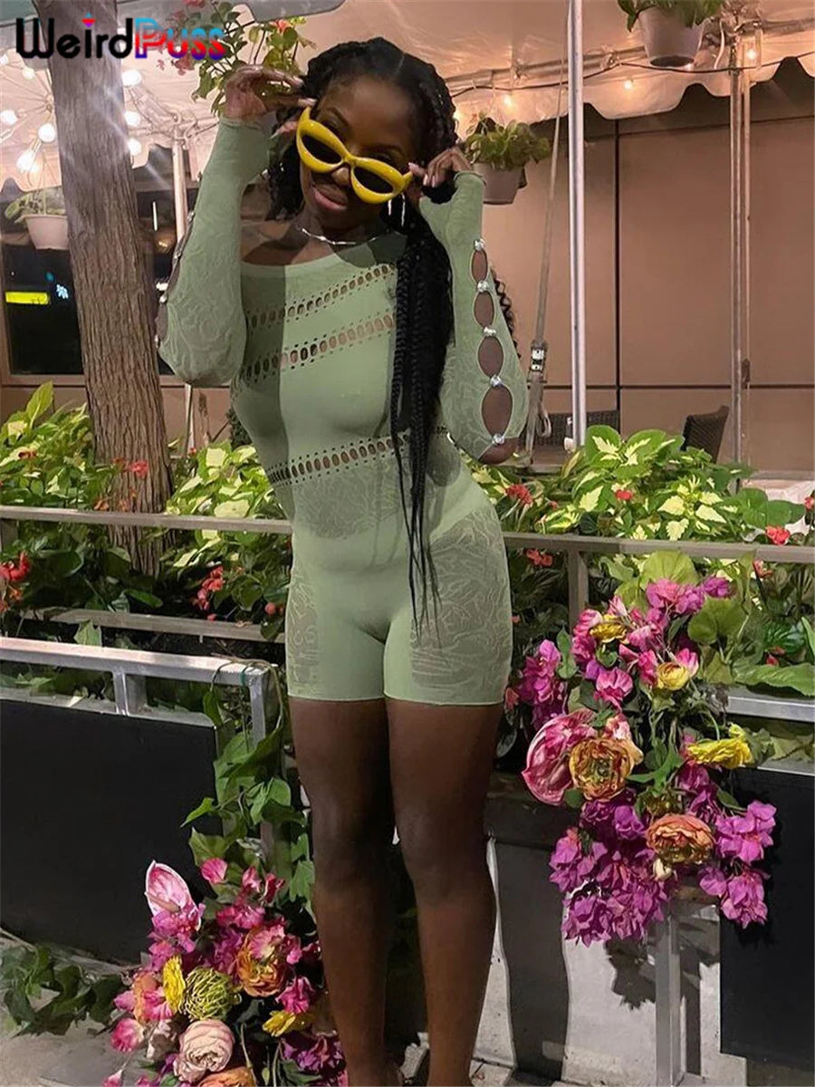 Weird Puss See Through Romper Women Sexy  Hollow Rhinestones Long Sleeve Skinny Irregular Off Shoulder Body-Shaping Playsuits