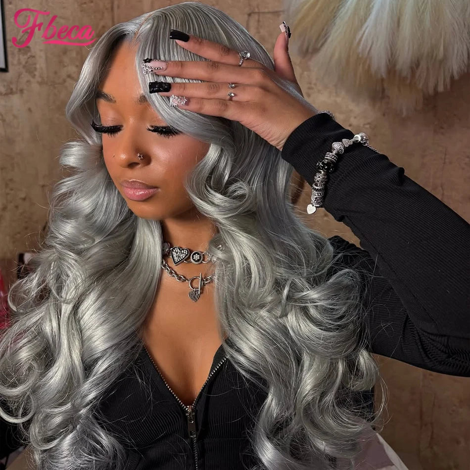 Silver Grey 13x4 HD Transparent Lace Front Human Hair Wigs 13x6 Body Wave Lace Frontal Wig Pre Plucked HD Lace Closure Wigs