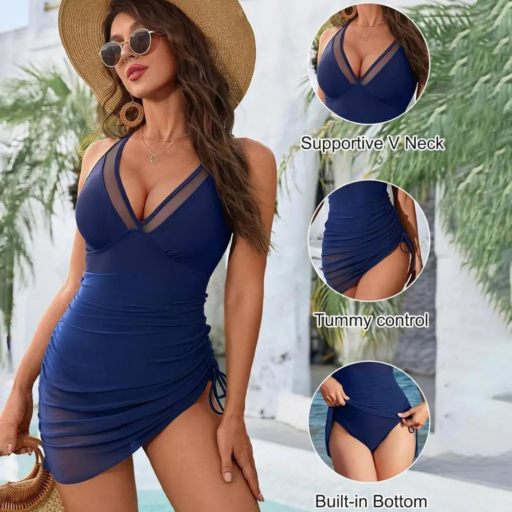 Women's Swimsuit Solid Color V Neck Tummy Control Swimwear Sexy Mesh Sheer Wrap Bathing Suit For Beach Vacation