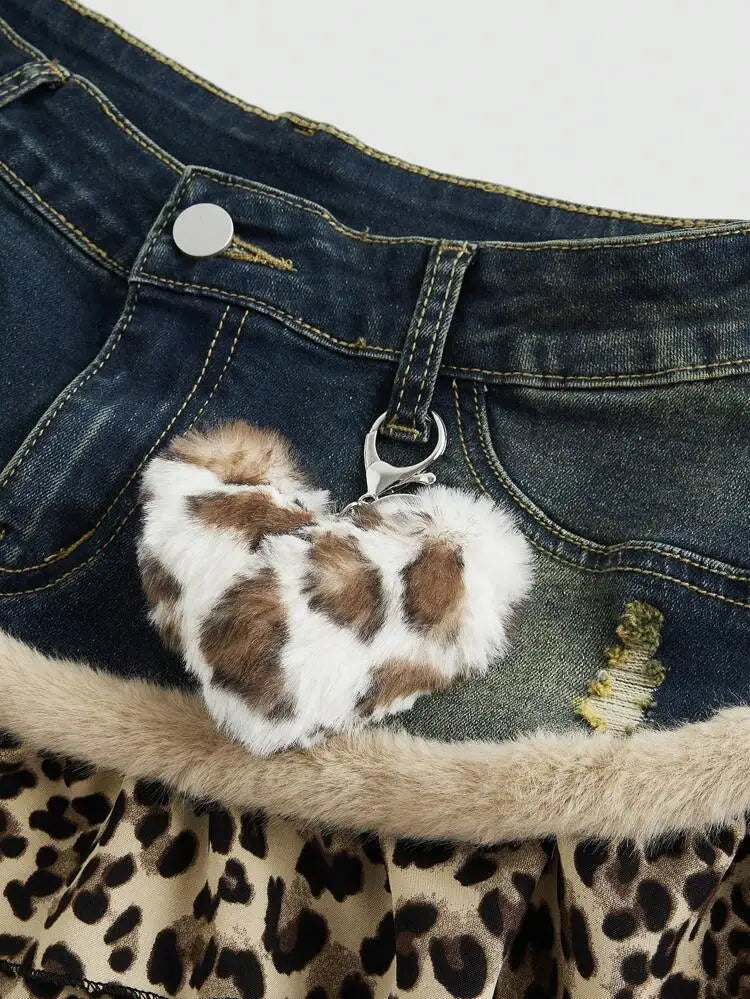 Harajuku Subculture jeans  Leopard Print Splicing Y2k Skirt Kawaii Gothic Mini Pleated Skirt Casual Retro Streetwear Skirts Women