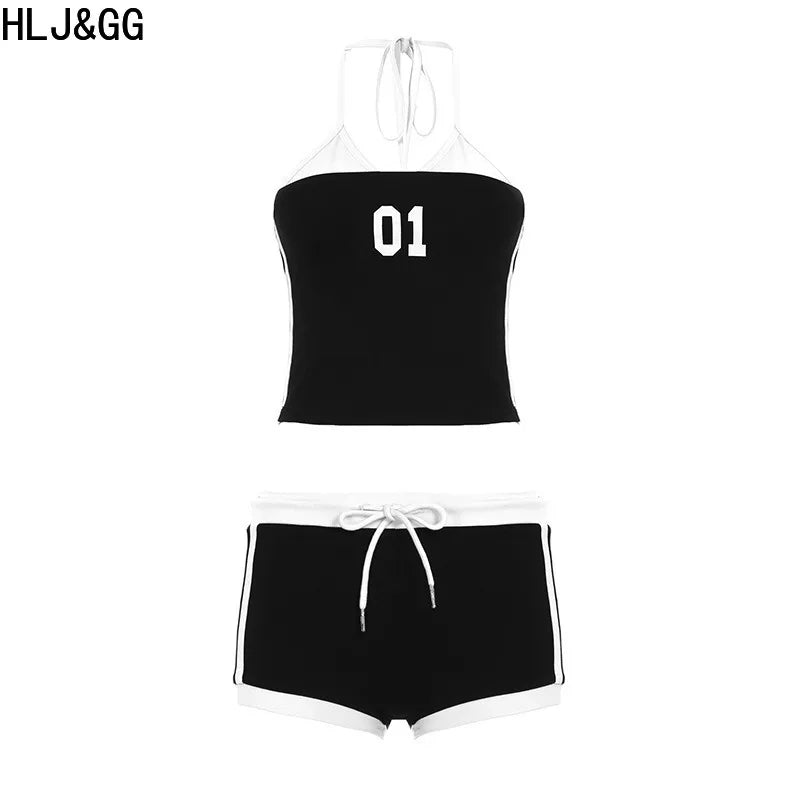 HLJ&GG Sexy Letter Printing Baddie 2 Piece Sets Outfits Spaghetti Strap Halter Backless Tank Crop Tops + Shorts Suits Streetwear