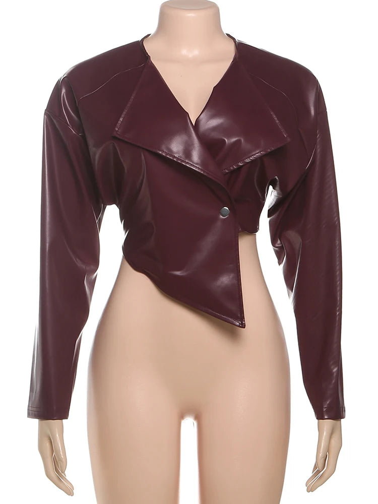 Weird Puss Faux Leather Crop Jacket Women Cross Neck Hipster Single Button Irregular Fall Trend Wild Basic Sexy Streetwear Coat