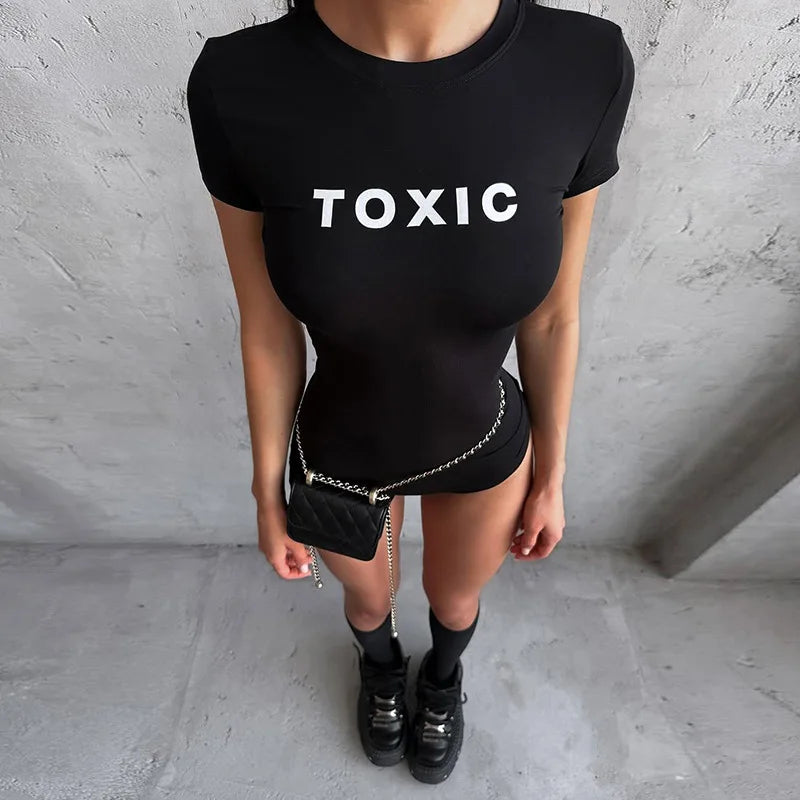 STYLISH LADY Letter Printed Playsuits 2025 Summer Women Short Sleeve O Neck Bodycon Black Sexy Club Street Rompers