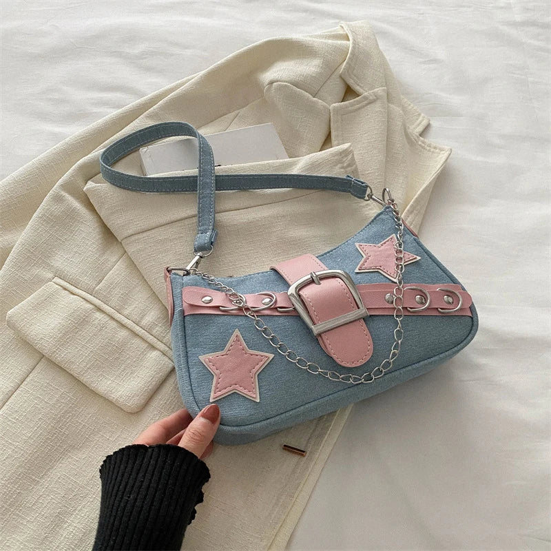 Fashion Women's Handbags jeans Stars Pattern Cool Girls Underarm Bag Female Small Shoulder Hobo Bags Chain Tote Bag