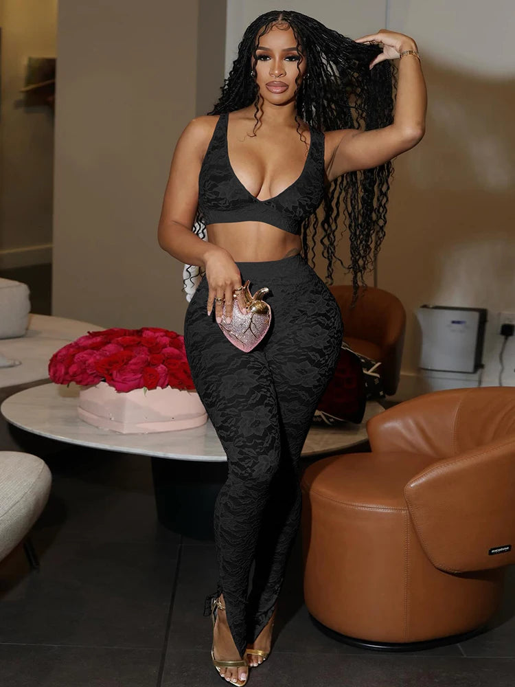2 Piece Set, lace Coquette Wide Belt Tank Tops+Leggings