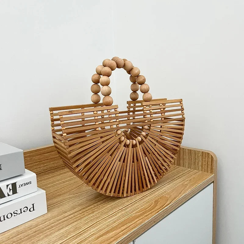 Women's Hand - Woven Bamboo Bag | Bamboo Woven Basket Style, Beach Vacation Essential, Handheld Bucket Design
