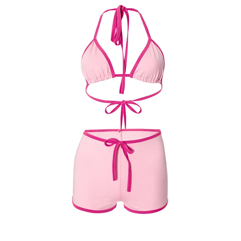 Weird Puss Contrast Bandage 2 Piece Set Women Sexy Halter Mini Bra+Skinny Swim Shorts Vacation Beach Party Style Trend Swimsuits