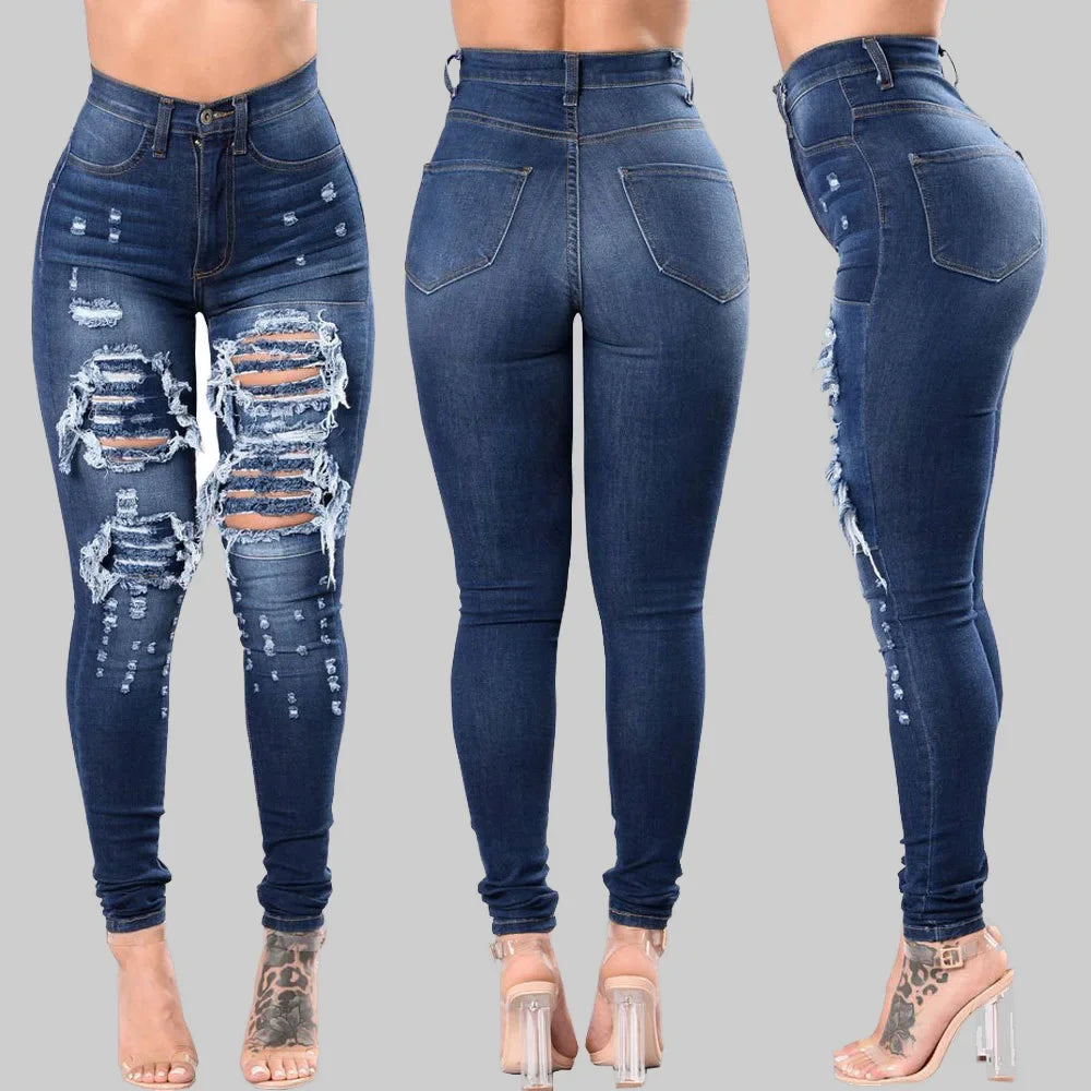 HOLE,  ladies 2025 High Waist Ripped Jeans for female, Skinny Black Pockets Jeans Elastic Slim Jean Female Femme Pants
