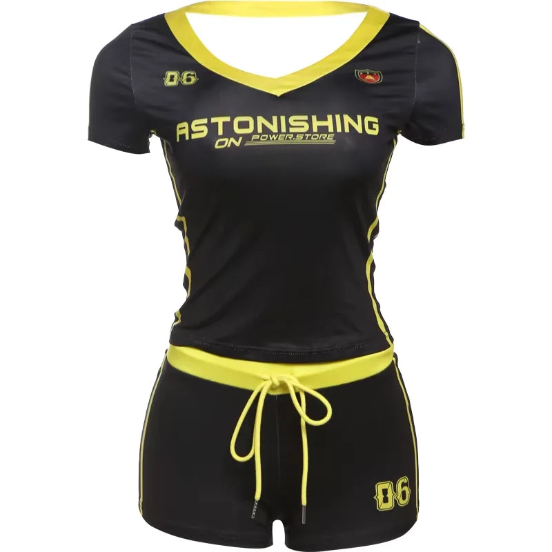 2 Piece Set Letter Print Crew Neck Short Sleeve Top+Drawstring Slim Mini Bottoms, lady's Tracksuit