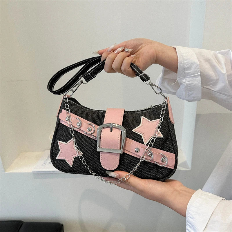 Fashion Women's Handbags jeans Stars Pattern Cool Girls Underarm Bag Female Small Shoulder Hobo Bags Chain Tote Bag