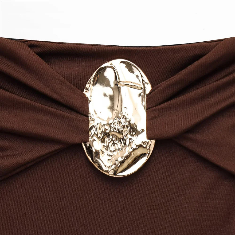 PB&ZA 2025 Women Off Shoulder whole Swimsuit with Decorative Buckle Stylish Black and Brown Design