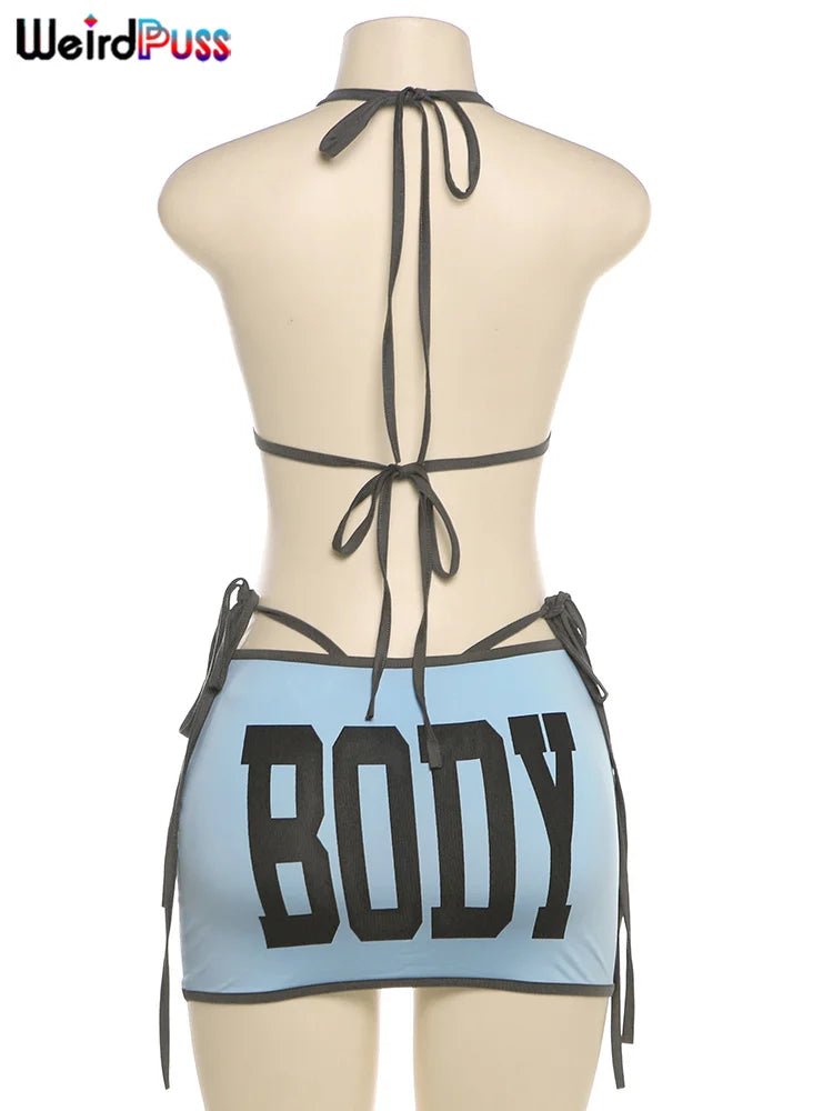 Weird Puss Beach Vacation 3Piece Set Women Letter Print Sexy Summer Bra+Bandage Briefs+Skirts Hipster Midnight Matching Clubwear
