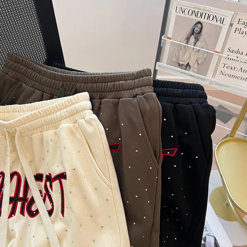 Diamond Patch Embroidered Letter Logo Casual Shorts Loose Drawstring Shortpants Jorts for Men Women