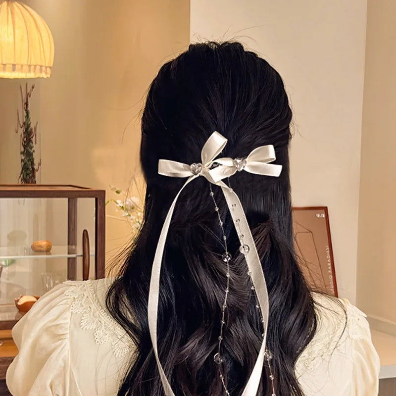 Ribbon Glass Beaded Bow Tassel Hair Clip Women Korean Y2K Fashion Solid Color Hairpin Girls Party Headwear Side Clips