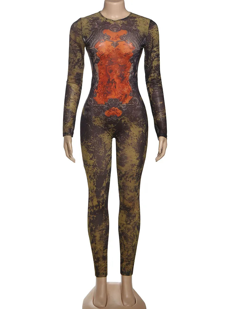Sisterlinda Printing Slim O-Neck Long Sleeve Jumpsuit Women Sexy Popular Body-shaping Vestidos Girl Party Leisure Pencil Pants