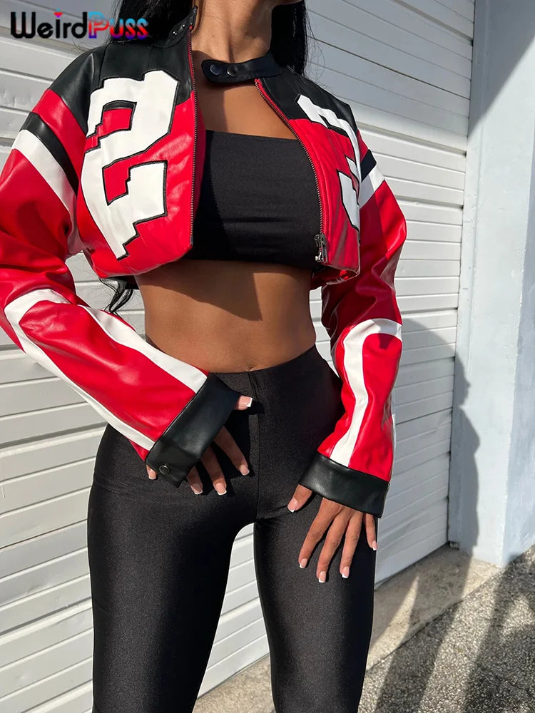 Weird Puss Faux Leather Women Jacket Hipster Letter Print Autumn Trend Casual Sporty Wild Streetwear Uniform Varsity Crop Coat
