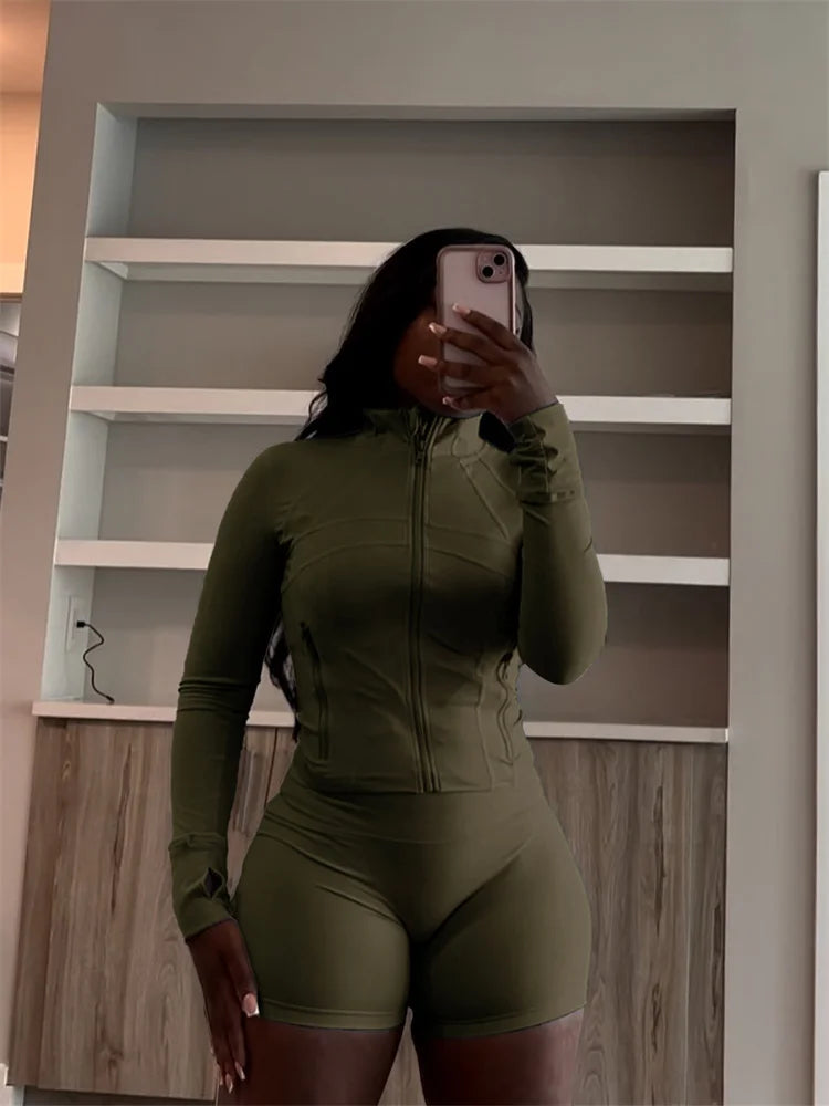 Weird Puss Casual Sporty 2 Piece Set Women Classic Tracksuit Cardigan Full Sleeve Jacket+Stretch Waist Skinny Shorts Trend Suits