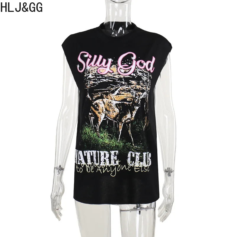 HLJ&GG Black Fashion Y2K Letter Print Two Piece Sets Women O Neck Sleeveless Top And Pocket Cargo Mini Skirts Outfits Streetwear
