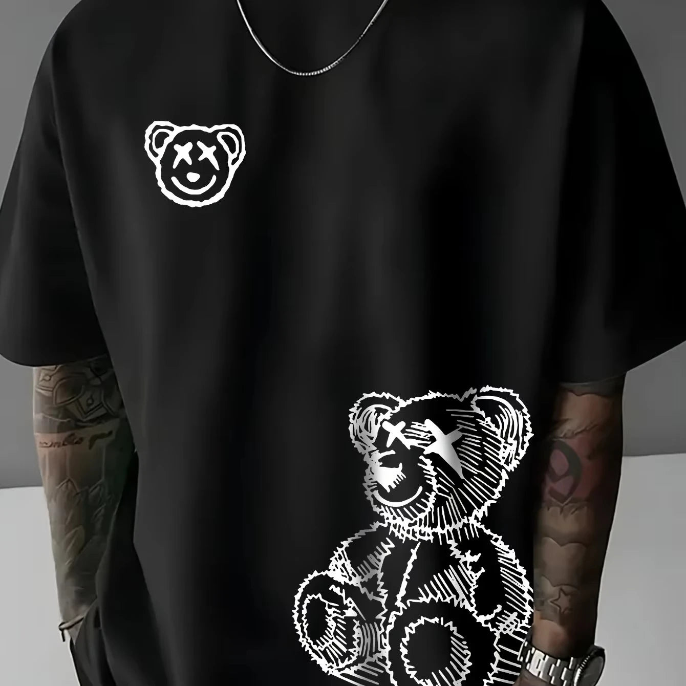 Summer Men's  Pure Cotton Casual Sports Loose and Fashionable Cartoon Bear Pattern Printed Round Neck Short Sleeved T-shirt