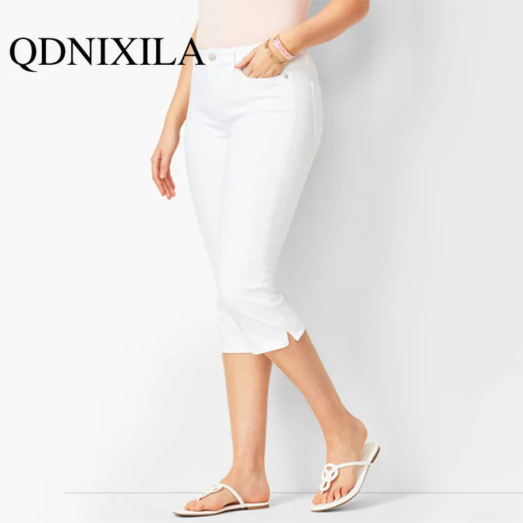 Knee Length Jeans female Elastic High Waist Mom Jeans Oversize