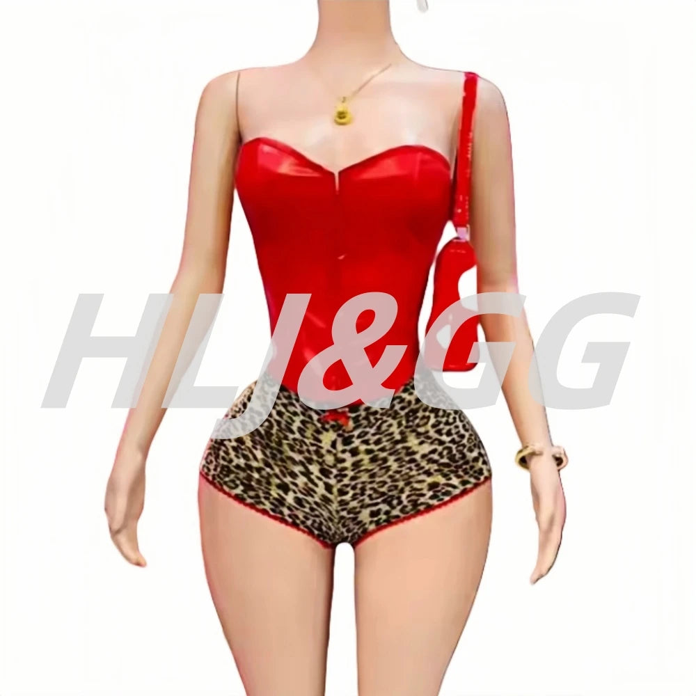 HLJ&GG Sexy Glossy Leather Two Piece Sets Women Off Shoulder Slim Crop Top+Leopard Shorts Outfits Fashion Y2K Streetwear
