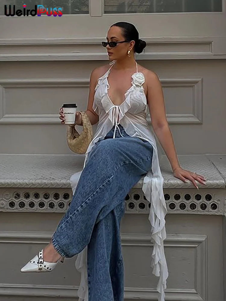 Weird Puss Blossoms Tank Tops Women Ruffles Y2K Summer Trend Sexy V-Neck Irregular Tassel Halter Backless Wild Street Camisole