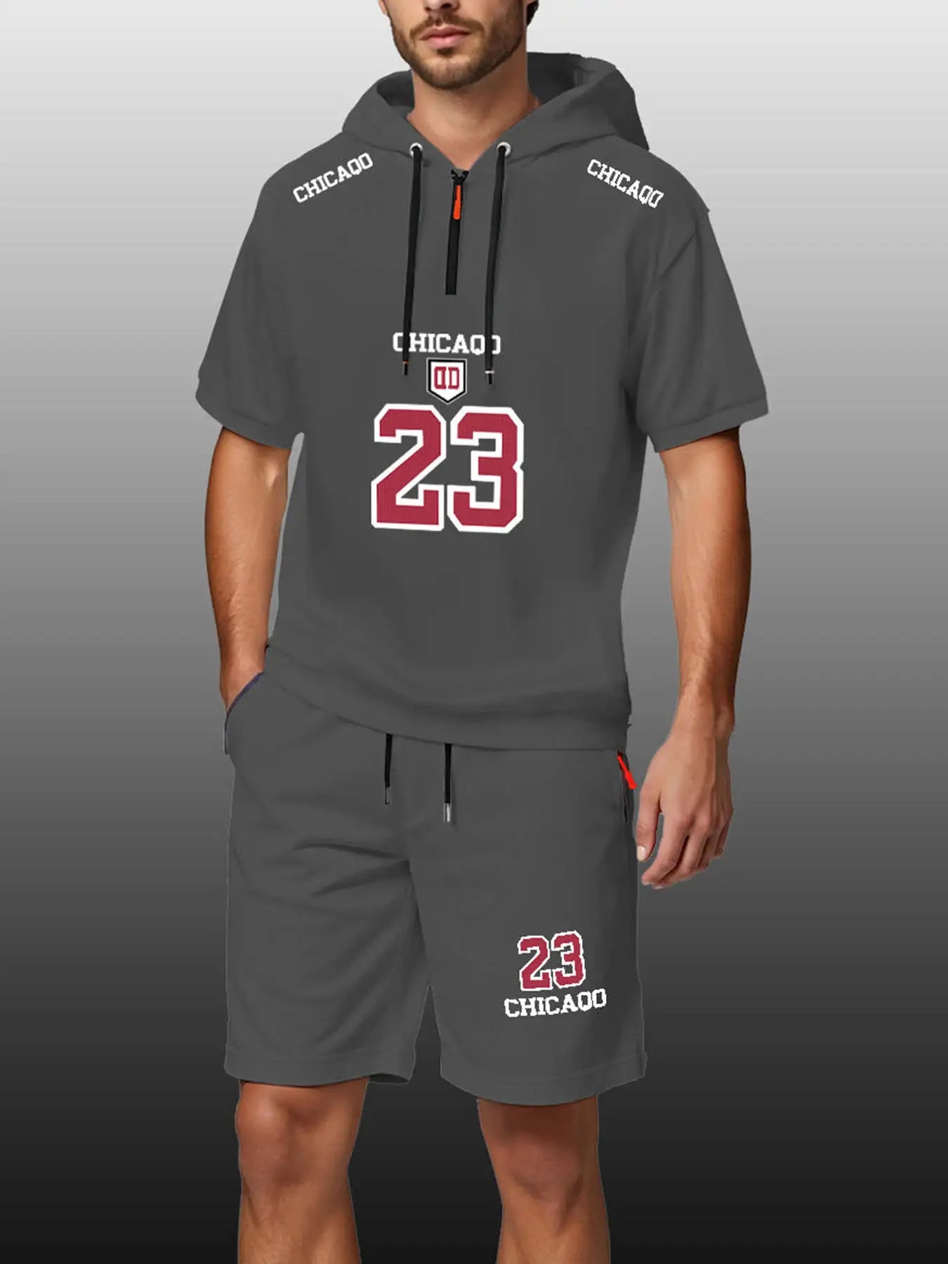 Two-Piece Hooded T-Shirt Zipper + Pocket Shorts