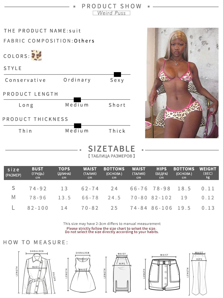 Weird Puss Beach Vacation 3 Piece Set Women Leopard Print Halter Bra Tops+Panties+Shorts Summer Midnight Party Matching Clubwear