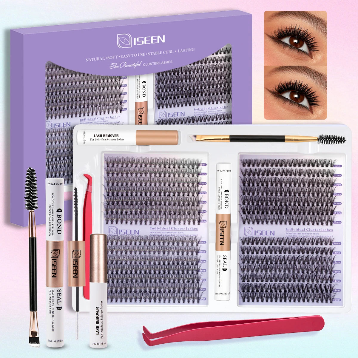 ISEEN DIY Eyelash Extension Kit Cluster Mix Eyelashes Full  Lashes Kit with Lash Bond & Seal and Eyelash Tweezers and Brush