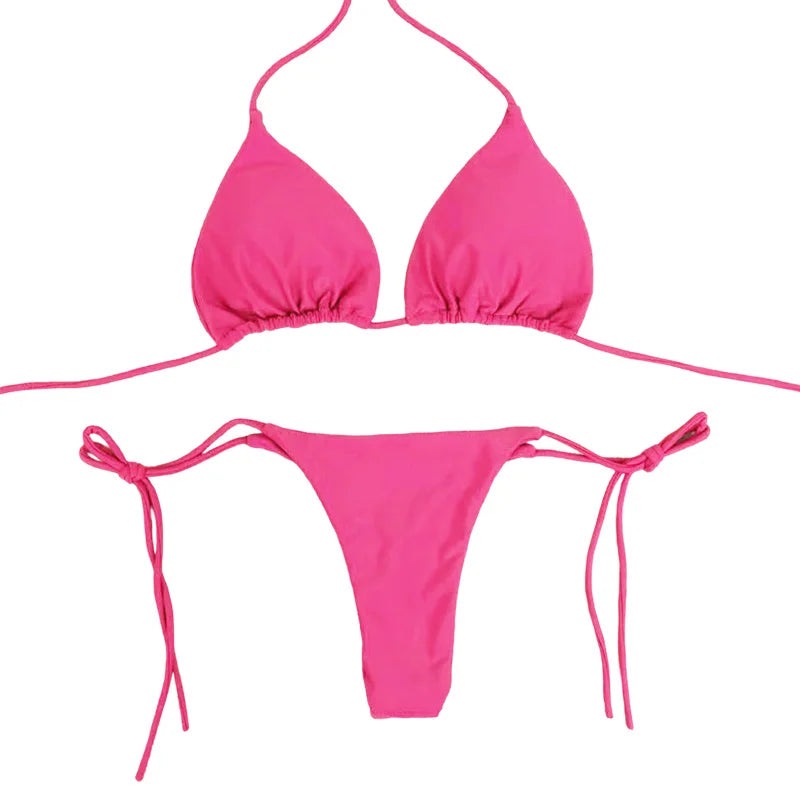 Solid Color Tie-Side G-String Bikini Set Breathtaking Bathing Suit with Feminine Bandage Design Sexy Brazilian Bikini Beachwear